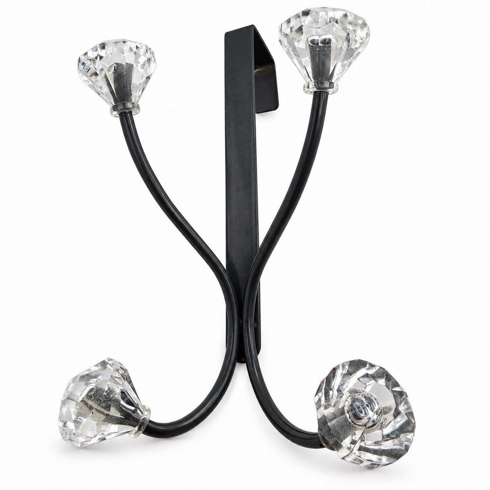 Black Metal Over Door 4 Hook Rack Clear Crystal Knobs Coat Towel Robe Hat Hanger
